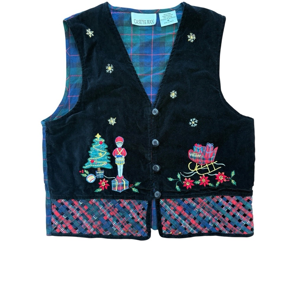 Vtg Velvet Christmas Holiday Vest Plaid Back Tree Nut Cracker sleigh Sz M‎ Party